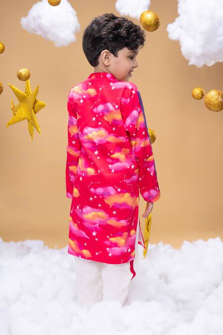 Shop Little Shiro Pink Satin, Embroidery Mysteries Of Dawn Clouds Print Kurta Set at Aza Fashions Shop_Little Shiro_Pink Satin, Embroidery Mysteries Of Dawn Clouds Print Kurta Set_at_Aza_Fashions