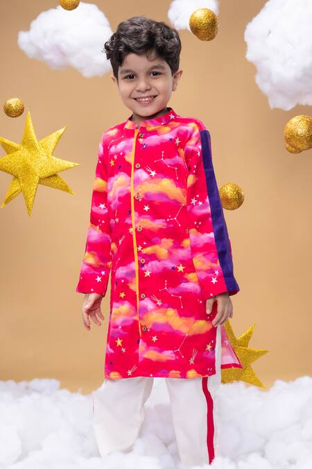 Little Shiro Pink Satin, Embroidery Mysteries Of Dawn Clouds Print Kurta Set Online at Aza Fashions Little Shiro_Pink Satin, Embroidery Mysteries Of Dawn Clouds Print Kurta Set_Online_at_Aza_Fashions