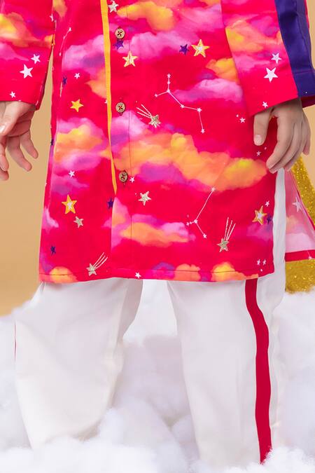 Shop Little Shiro Pink Satin, Embroidery Mysteries Of Dawn Clouds Print Kurta Set Online at Aza Fashions Shop_Little Shiro_Pink Satin, Embroidery Mysteries Of Dawn Clouds Print Kurta Set_Online_at_Aza_Fashions