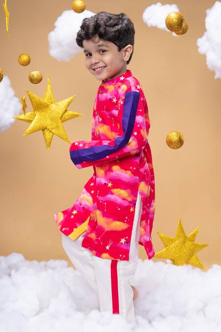 Little Shiro Pink Satin, Embroidery Mysteries Of Dawn Clouds Print Kurta Set at Aza Fashions Little Shiro_Pink Satin, Embroidery Mysteries Of Dawn Clouds Print Kurta Set_at_Aza_Fashions