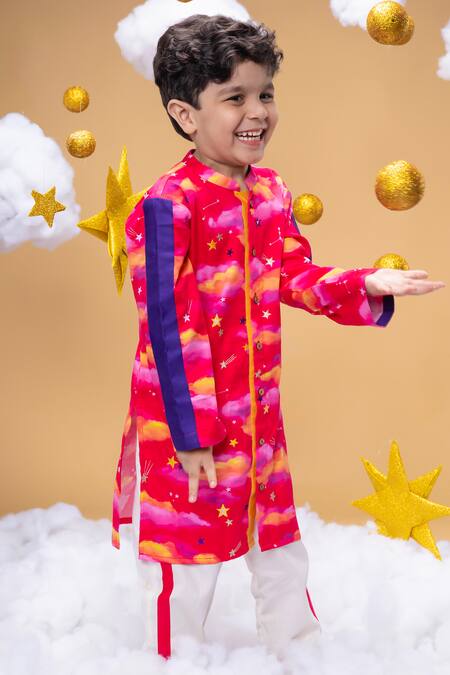 Buy Little Shiro Pink Satin, Embroidery Mysteries Of Dawn Clouds Print Kurta Set Buy_Little Shiro_Pink Satin, Embroidery Mysteries Of Dawn Clouds Print Kurta Set