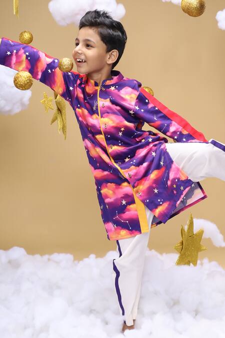 Little Shiro_Purple Satin, Embroidery Whisper Of The Dusk Printed Kurta Set_Online_at_Aza_Fashions