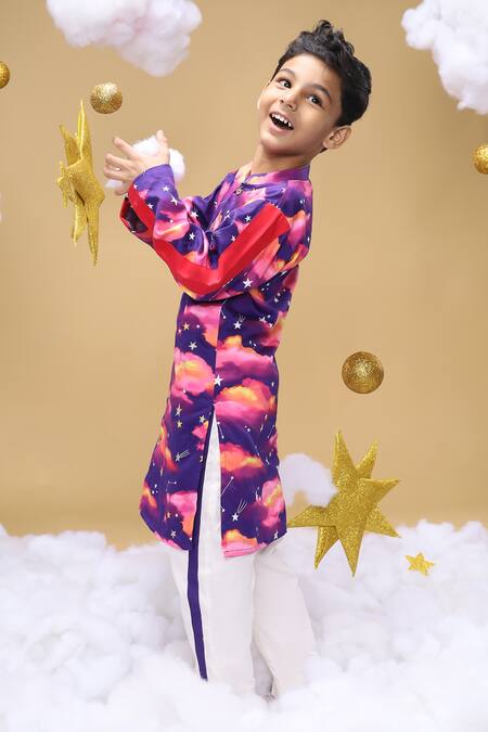 Shop_Little Shiro_Purple Satin, Embroidery Whisper Of The Dusk Printed Kurta Set_Online_at_Aza_Fashions