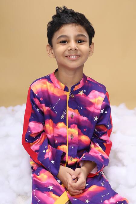 Little Shiro_Purple Satin, Embroidery Whisper Of The Dusk Printed Kurta Set_at_Aza_Fashions