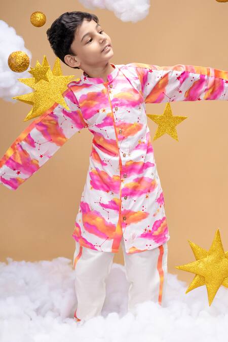 Little Shiro_Off White Satin, Embroidery Be Your Own Sunshine Stars Kurta Set_Online_at_Aza_Fashions