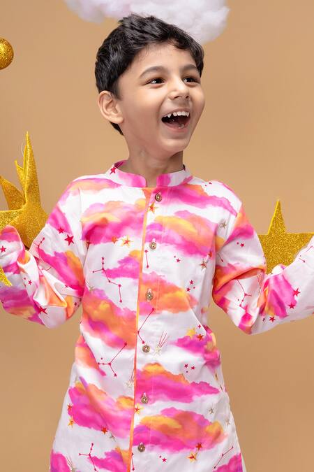 Shop_Little Shiro_Off White Satin, Embroidery Be Your Own Sunshine Stars Kurta Set_Online_at_Aza_Fashions