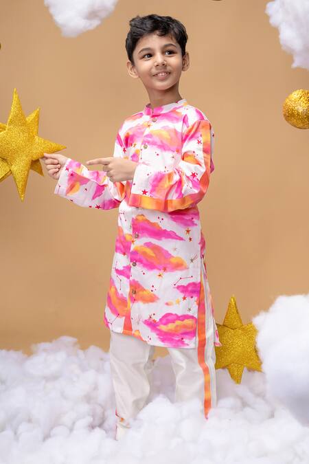Little Shiro_Off White Satin, Embroidery Be Your Own Sunshine Stars Kurta Set_at_Aza_Fashions