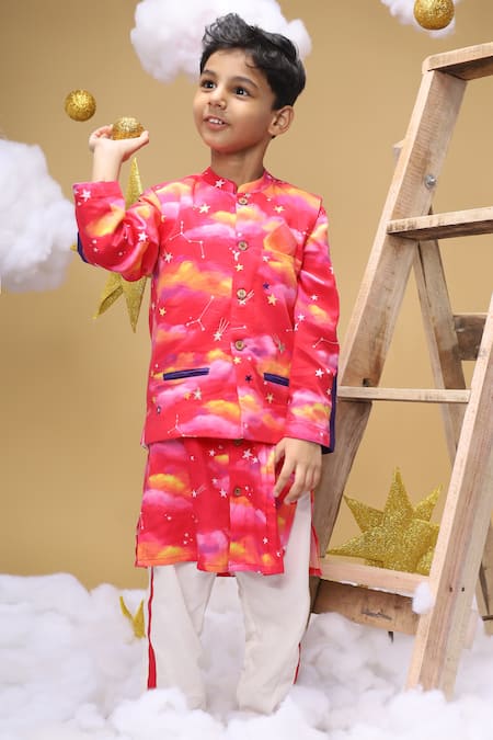 Little Shiro Pink 100% Cotton Satin Embroidery Rise At Dawn Clouds Printed Bundi Kurta Set 