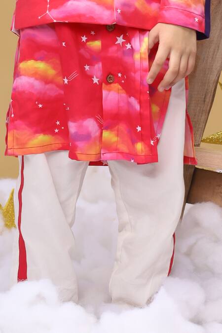 Little Shiro_Pink Satin, Embroidery Clouds And Stars Printed Kurta Set_Online_at_Aza_Fashions