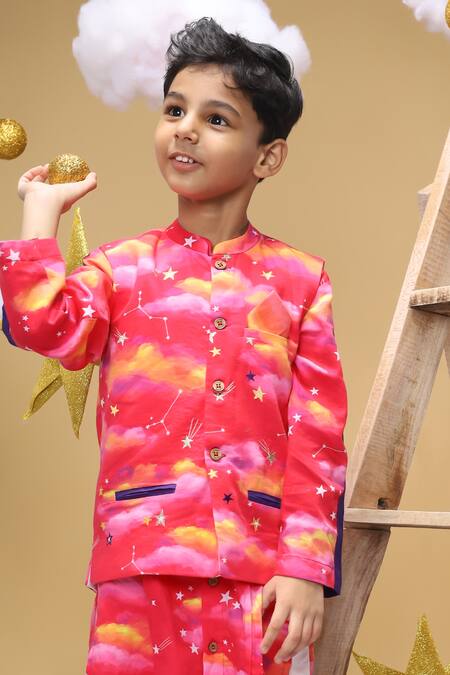 Buy_Little Shiro_Pink Satin, Embroidery Clouds And Stars Printed Kurta Set_Online_at_Aza_Fashions