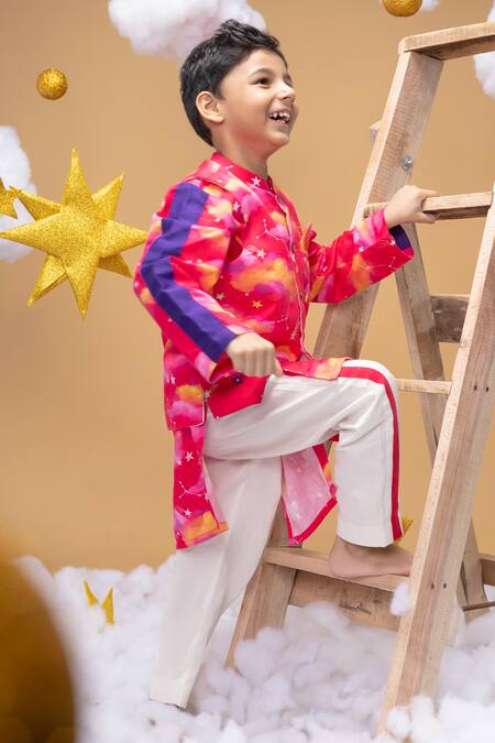 Shop_Little Shiro_Pink Satin, Embroidery Clouds And Stars Printed Kurta Set_Online_at_Aza_Fashions