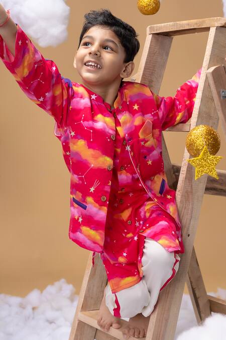 Little Shiro_Pink Satin, Embroidery Clouds And Stars Printed Kurta Set_at_Aza_Fashions