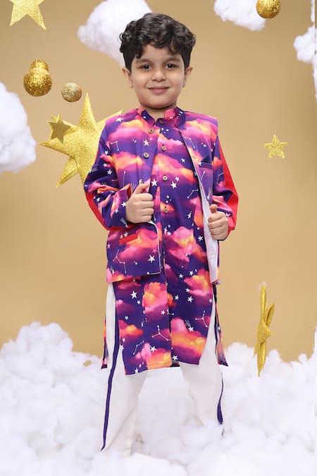 Little Shiro Purple 100% Cotton Satin Dusk Is An Illusion Cloudy Print Bundi Kurta Set 