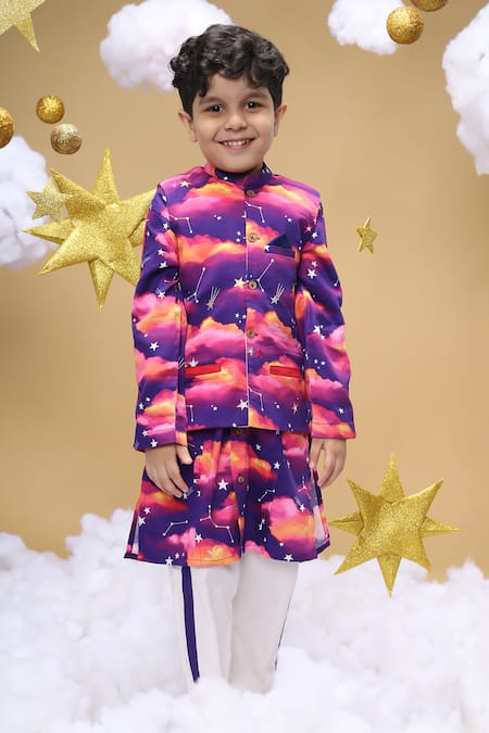 Little Shiro_Purple Satin, Embroidery Cloud And Stars Bundi Kurta Set_Online_at_Aza_Fashions