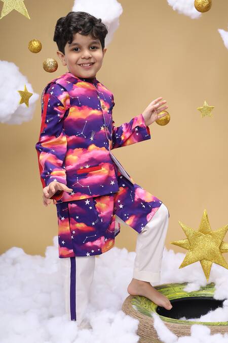 Shop_Little Shiro_Purple Satin, Embroidery Cloud And Stars Bundi Kurta Set_Online_at_Aza_Fashions