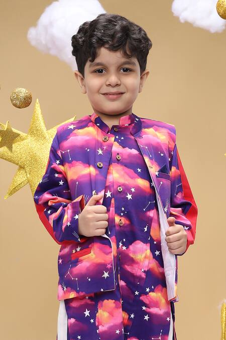 Little Shiro_Purple Satin, Embroidery Cloud And Stars Bundi Kurta Set_at_Aza_Fashions