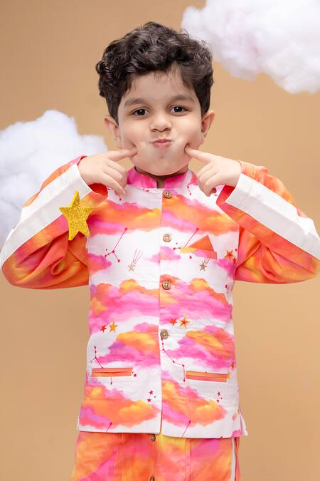 Little Shiro Off White Satin, Embroidery Sunset Sky Print Bundi Kurta Set Online at Aza Fashions Little Shiro_Off White Satin, Embroidery Sunset Sky Print Bundi Kurta Set_Online_at_Aza_Fashions