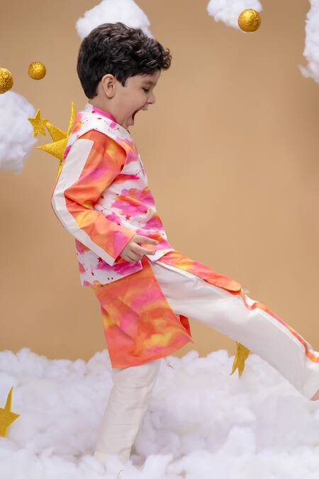 Shop Little Shiro Off White Satin, Embroidery Sunset Sky Print Bundi Kurta Set Online at Aza Fashions Shop_Little Shiro_Off White Satin, Embroidery Sunset Sky Print Bundi Kurta Set_Online_at_Aza_Fashions