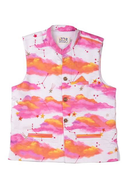 Buy Little Shiro Off White Satin, Embroidery Sunset Sky Print Bundi Kurta Set Buy_Little Shiro_Off White Satin, Embroidery Sunset Sky Print Bundi Kurta Set