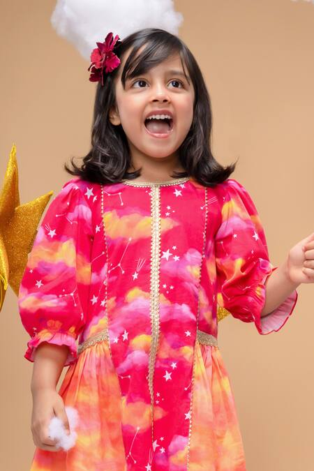 Buy_Little Shiro_Pink Cotton Satin Dawn Is Invincible Clouds Stars Print Kurta With Dhoti Pant_Online_at_Aza_Fashions