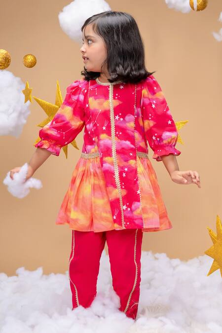 Shop_Little Shiro_Pink Cotton Satin Dawn Is Invincible Clouds Stars Print Kurta With Dhoti Pant_Online_at_Aza_Fashions