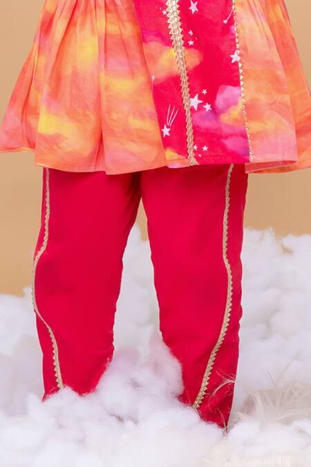 Little Shiro_Pink Cotton Satin Dawn Is Invincible Clouds Stars Print Kurta With Dhoti Pant_at_Aza_Fashions