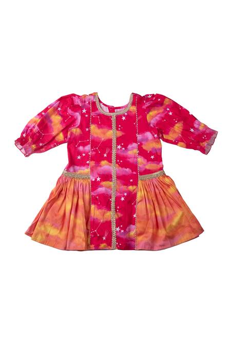 Buy_Little Shiro_Pink Cotton Satin Dawn Is Invincible Clouds Stars Print Kurta With Dhoti Pant