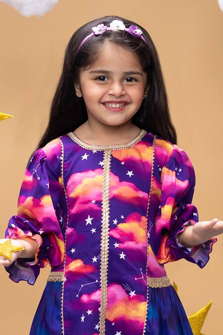 Little Shiro_Purple Cotton Satin Secrets Of Dusk Cloudy Stars Print Kurta With Dhoti Pant_Online_at_Aza_Fashions