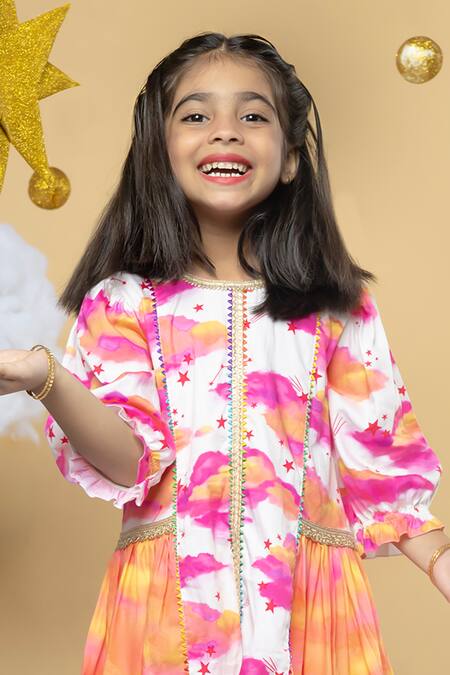 Little Shiro_Off White Cotton Satin Lace Cloud Print Kurta Set With Dhoti Pant_Online_at_Aza_Fashions