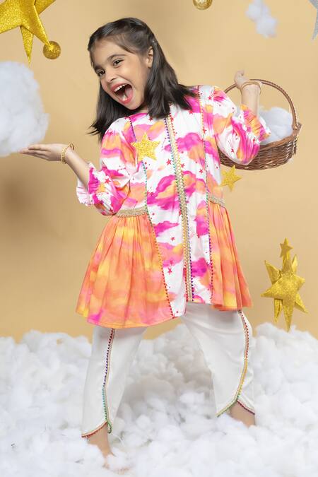 Shop_Little Shiro_Off White Cotton Satin Lace Cloud Print Kurta Set With Dhoti Pant_Online_at_Aza_Fashions