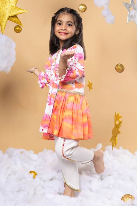 Little Shiro_Off White Cotton Satin Lace Cloud Print Kurta Set With Dhoti Pant_at_Aza_Fashions