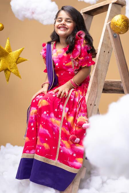 Shop_Little Shiro_Pink Cotton Satin, Tulle Promise Of A New Dawn Clouds Print Lehenga Blouse Set_Online_at_Aza_Fashions