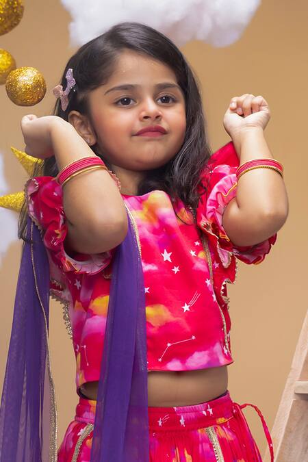 Little Shiro_Pink Cotton Satin, Tulle Promise Of A New Dawn Clouds Print Lehenga Blouse Set_at_Aza_Fashions