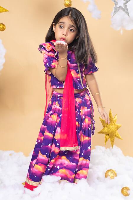 Little Shiro_Purple Cotton Satin, Tulle Tassels Musical Dusk Printed Lehenga Blouse Set_Online_at_Aza_Fashions