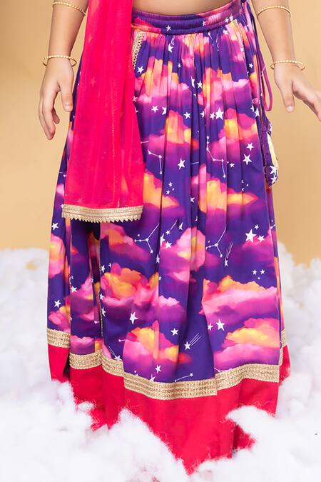 Shop_Little Shiro_Purple Cotton Satin, Tulle Tassels Musical Dusk Printed Lehenga Blouse Set_Online_at_Aza_Fashions