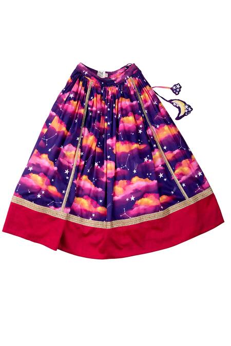Buy_Little Shiro_Purple Cotton Satin, Tulle Tassels Musical Dusk Printed Lehenga Blouse Set