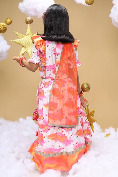 Shop Little Shiro Off White Cotton Satin, Sunshine In My Pocket Cloud Print Lehenga Blouse Set at Aza Fashions Shop_Little Shiro_Off White Cotton Satin, Sunshine In My Pocket Cloud Print Lehenga Blouse Set_at_Aza_Fashions