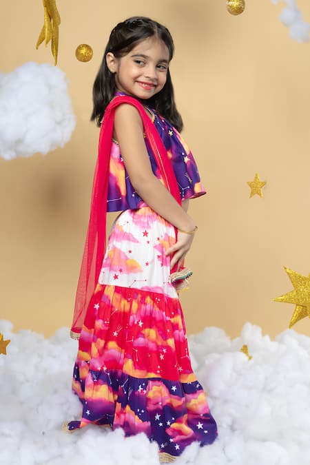 Little Shiro_Purple Cotton Satin, Cotton, Tulle Tassels Clouds And Stars Lehenga Set_Online_at_Aza_Fashions