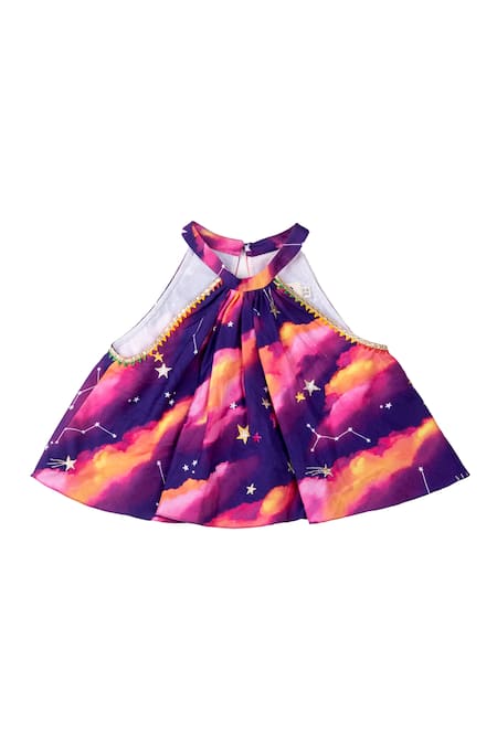 Shop_Little Shiro_Purple Cotton Satin, Cotton, Tulle Tassels Clouds And Stars Lehenga Set_Online_at_Aza_Fashions