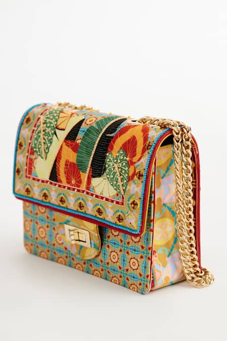 Buy_The Garnish Company_Beige Beads Helliconia Leafy Foliage Print Bag _Online_at_Aza_Fashions