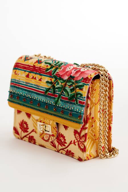 The Garnish Company_Yellow Tribal Floral Gloriosa Print Sling Bag _Online_at_Aza_Fashions