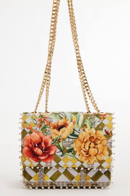 The Garnish Company Yellow Pearls Peonies Print Sling Bag Online at Aza Fashions The Garnish Company_Yellow Pearls Peonies Print Sling Bag _Online_at_Aza_Fashions