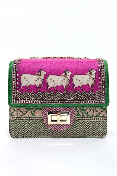 The Garnish Company Fuchsia Bead Khillari Cow Print And Woven Sling Bag 