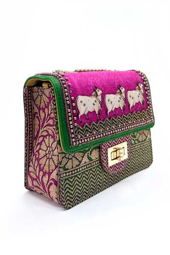 The Garnish Company Fuchsia Beads, Embroidery Khillari Cow Print And Woven Sling Bag Online at Aza Fashions The Garnish Company_Fuchsia Beads, Embroidery Khillari Cow Print And Woven Sling Bag _Online_at_Aza_Fashions