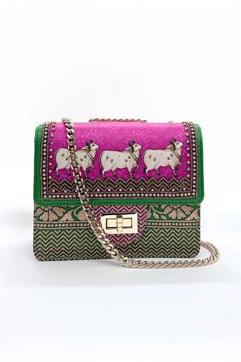 Buy The Garnish Company Fuchsia Beads, Embroidery Khillari Cow Print And Woven Sling Bag Online at Aza Fashions Buy_The Garnish Company_Fuchsia Beads, Embroidery Khillari Cow Print And Woven Sling Bag _Online_at_Aza_Fashions