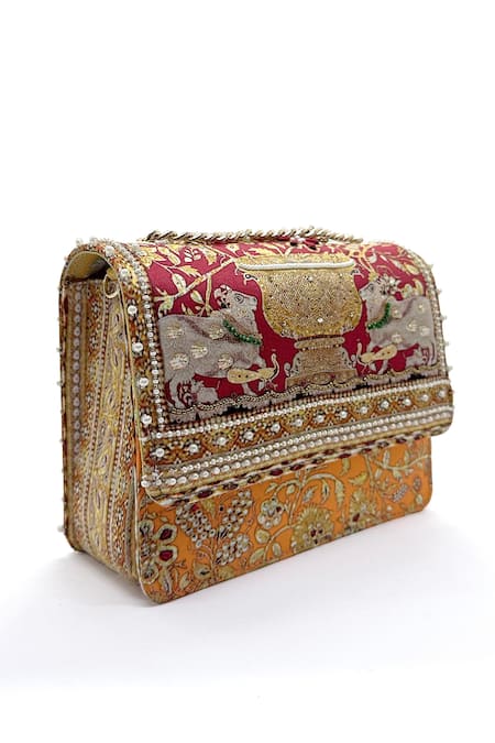 The Garnish Company_Red Sequins, Beads Malti Floral Brocade Print Sling Bag _Online_at_Aza_Fashions