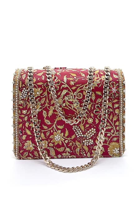 Buy_The Garnish Company_Red Sequins, Beads Malti Floral Brocade Print Sling Bag _Online_at_Aza_Fashions