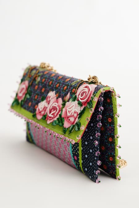 Buy_The Garnish Company_Pink Rose Print Muscari Tile Folded Clutch _Online_at_Aza_Fashions