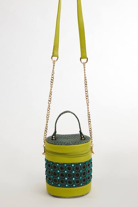 The Garnish Company Green Tile Trillium Mirror Work Cylinder Bag Online at Aza Fashions The Garnish Company_Green Tile Trillium Mirror Work Cylinder Bag _Online_at_Aza_Fashions