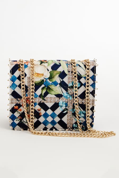Shop The Garnish Company Blue Peony Primrose Tiles Print Sling Bag at Aza Fashions Shop_The Garnish Company_Blue Peony Primrose Tiles Print Sling Bag _at_Aza_Fashions